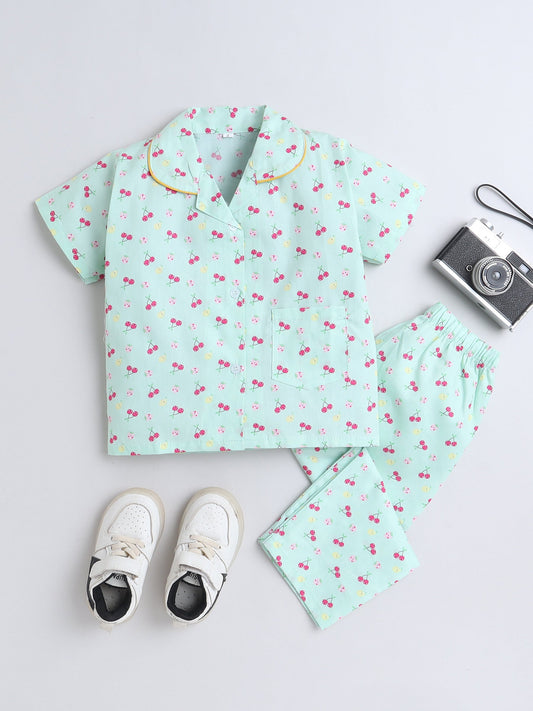 Cotton Woven Half Sleeves Fruits Printed Coordinating Night Suit Set - Green