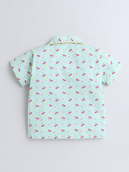 Half Sleeves Cotton Fruit Printed Night Suit Set Green