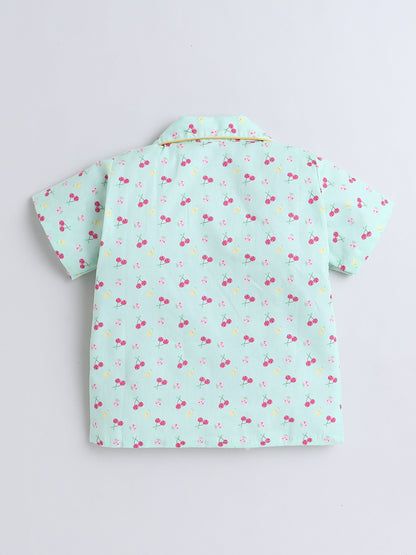 Cotton Woven Half Sleeves Fruits Printed Coordinating Night Suit Set - Green