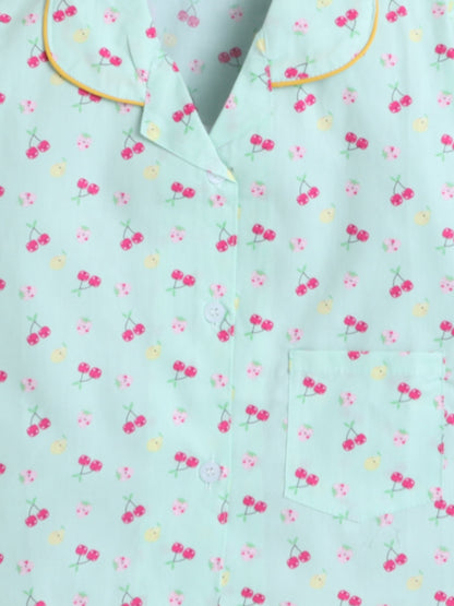 Cotton Woven Half Sleeves Fruits Printed Coordinating Night Suit Set - Green