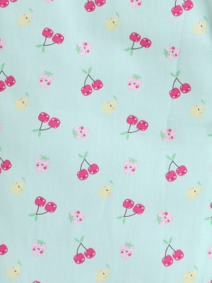 Cotton Woven Half Sleeves Fruits Printed Coordinating Night Suit Set - Green