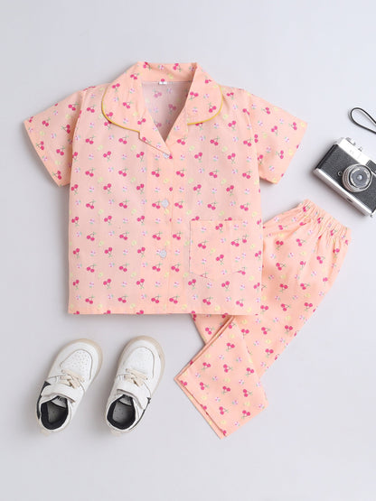 Cotton Woven Half Sleeves Fruits Printed Coordinating Night Suit Set - Peach