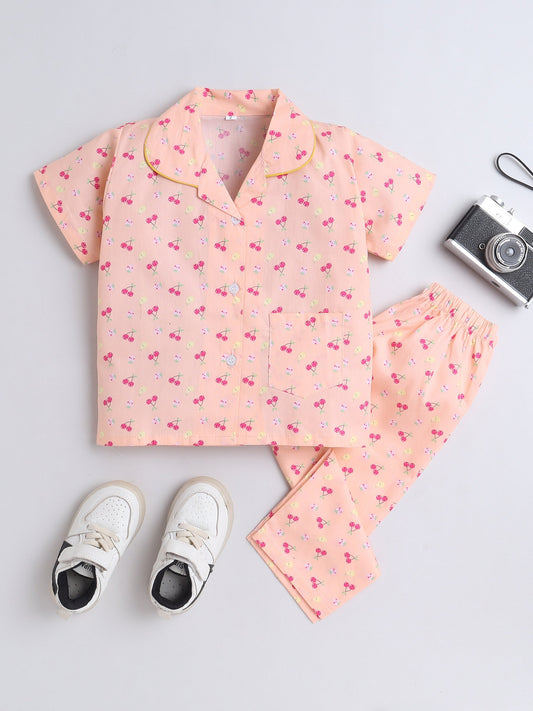 Cotton Woven Half Sleeves Fruits Printed Coordinating Night Suit Set - Peach