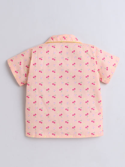 Half Sleeves Cotton Fruit Printed Night Suit Set Peach