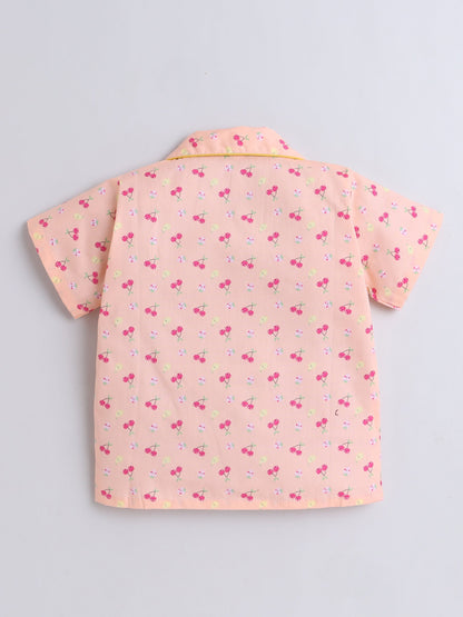 Cotton Woven Half Sleeves Fruits Printed Coordinating Night Suit Set - Peach