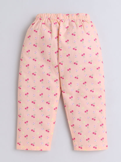 Cotton Woven Half Sleeves Fruits Printed Coordinating Night Suit Set - Peach