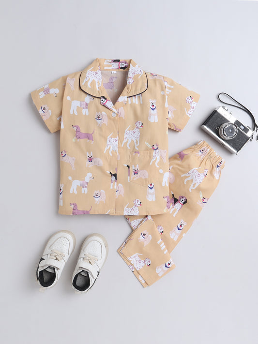 Half Sleeves Cotton Animal Printed Night Suit Set Beige