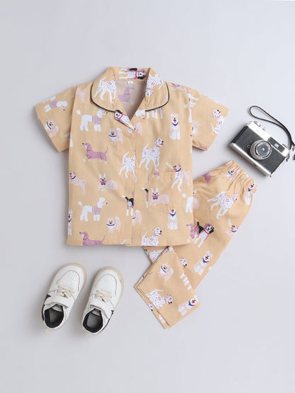 Cotton Woven Half Sleeves Dogs Printed Coordinating Night Suit Set - Beige