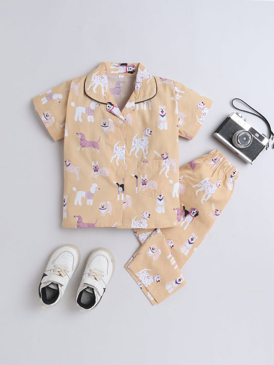 Cotton Woven Half Sleeves Dogs Printed Coordinating Night Suit Set - Beige