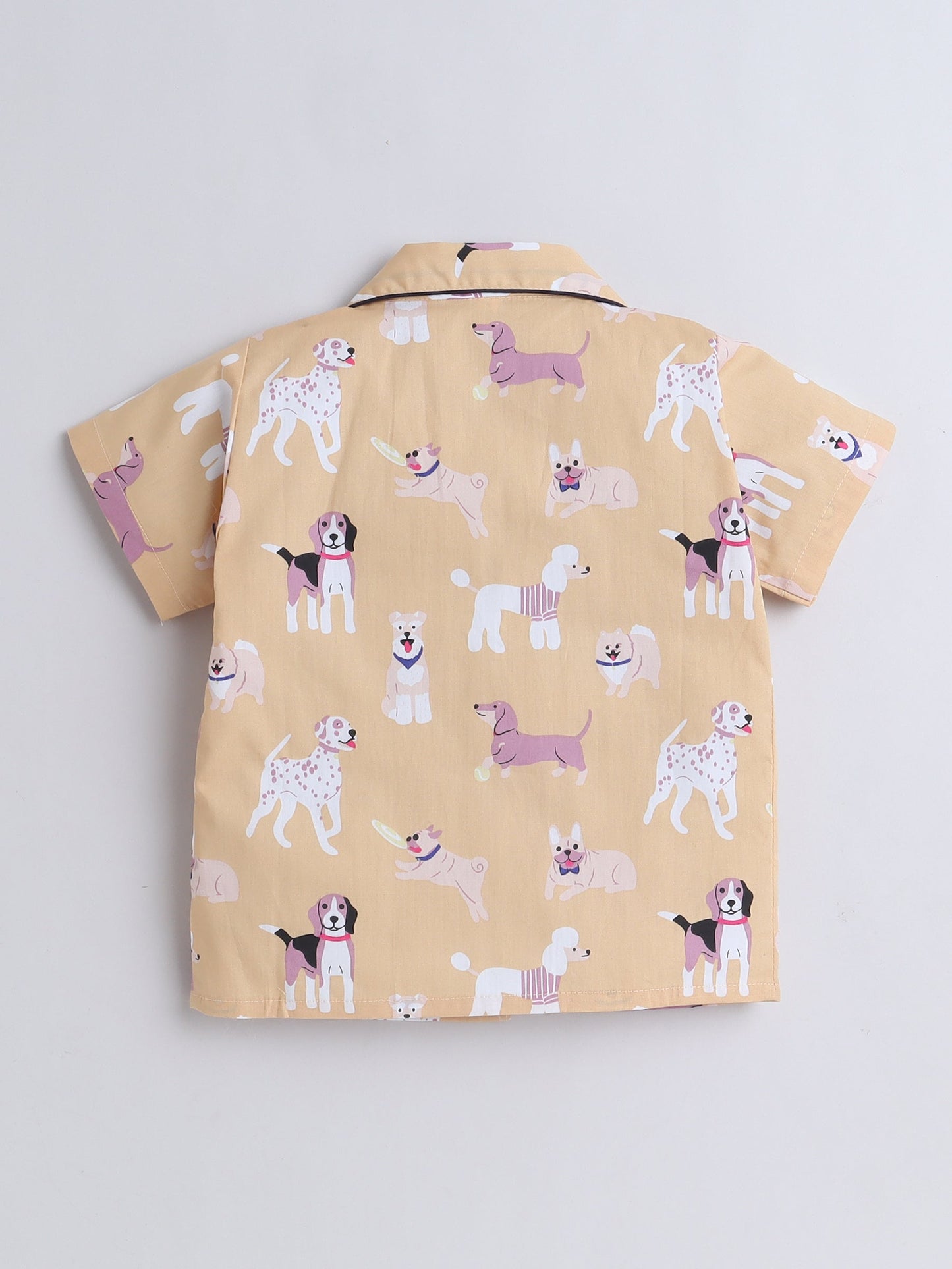 Cotton Woven Half Sleeves Dogs Printed Coordinating Night Suit Set - Beige