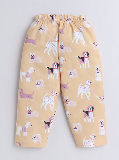 Cotton Woven Half Sleeves Dogs Printed Coordinating Night Suit Set - Beige