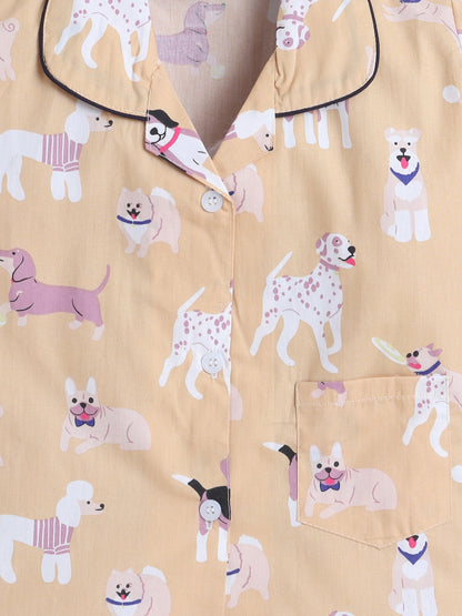 Cotton Woven Half Sleeves Dogs Printed Coordinating Night Suit Set - Beige
