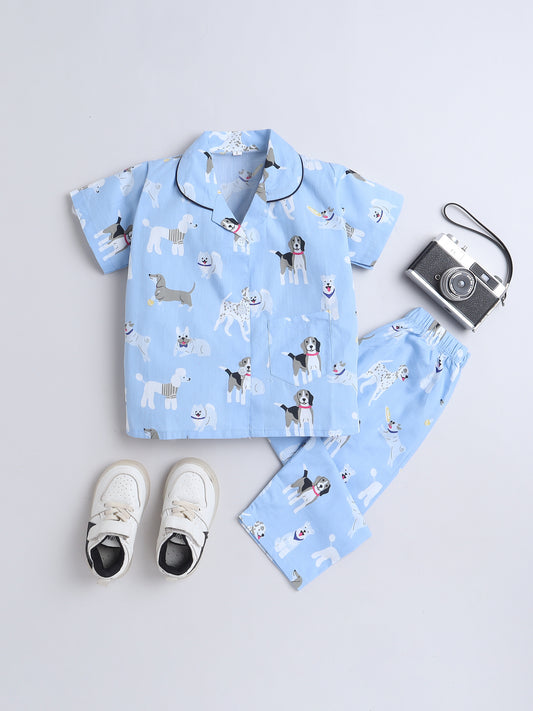 Half Sleeves Cotton Animal Printed Night Suit Set Blue