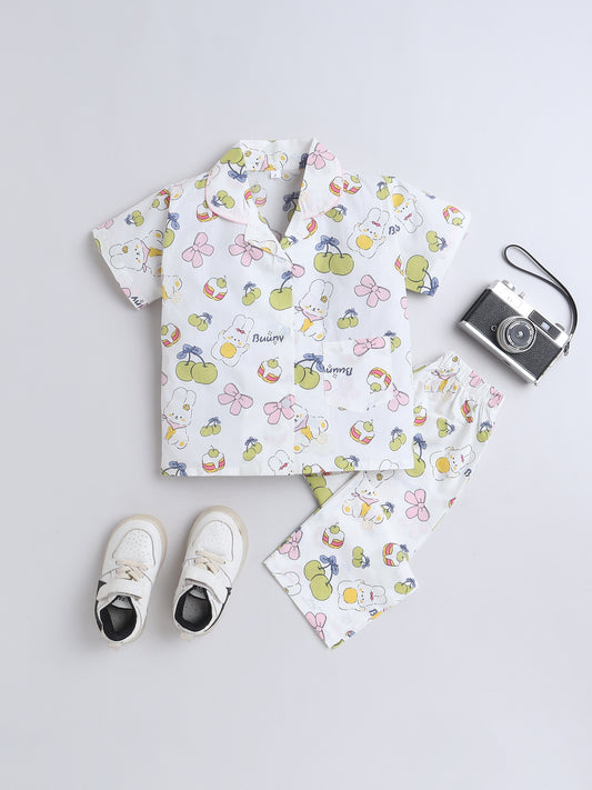 Half Sleeves Cotton Bunny Printed Night Suit Set Green
