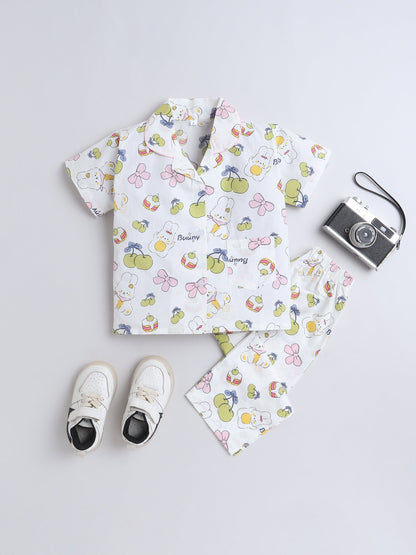 Cotton Woven Half Sleeves Bunny & Bow Printed Coordinating Night Suit Set - Green