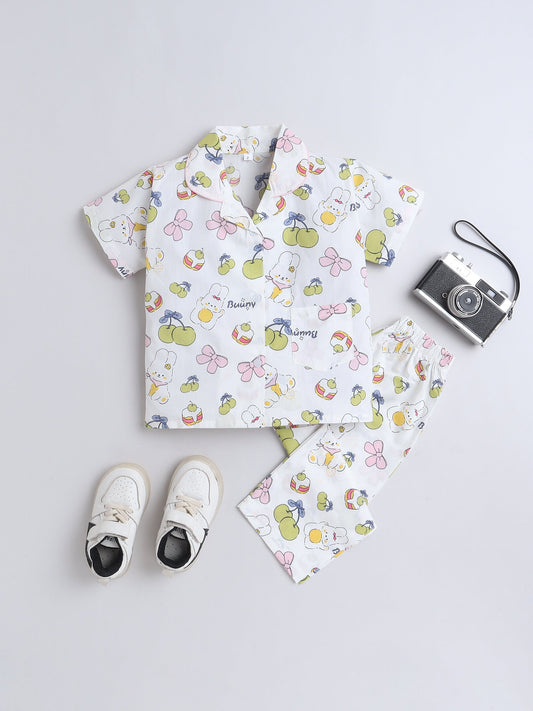 Cotton Woven Half Sleeves Bunny & Bow Printed Coordinating Night Suit Set - Green