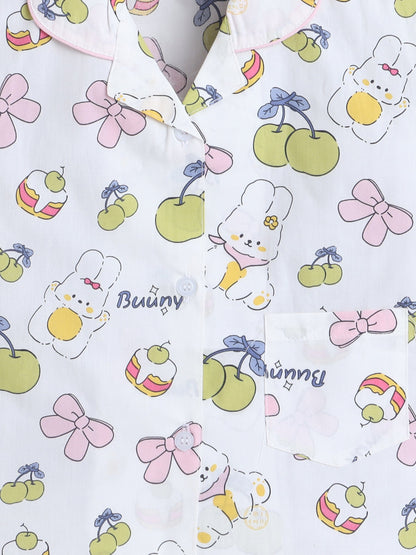 Cotton Woven Half Sleeves Bunny & Bow Printed Coordinating Night Suit Set - Green