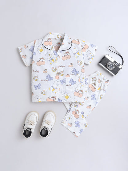 Cotton Woven Half Sleeves Bunny & Bow Printed Coordinating Night Suit Set - Peach