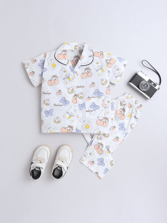 Cotton Woven Half Sleeves Bunny & Bow Printed Coordinating Night Suit Set - Peach