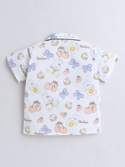 Cotton Woven Half Sleeves Bunny & Bow Printed Coordinating Night Suit Set - Peach