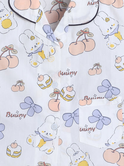 Cotton Woven Half Sleeves Bunny & Bow Printed Coordinating Night Suit Set - Peach