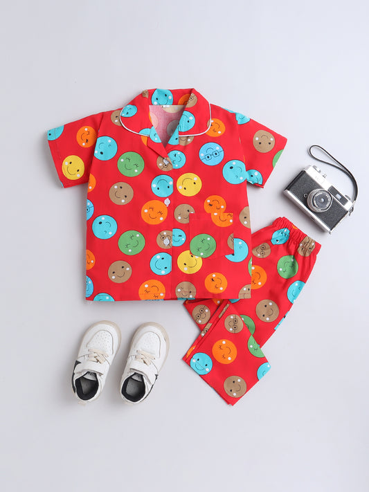 Half Sleeves Cotton Polka Dots Printed Night Suit Set Red