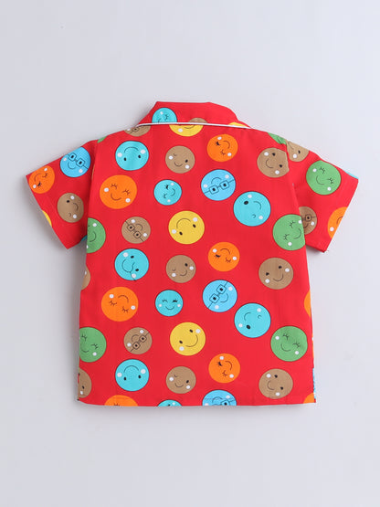 Half Sleeves Cotton Polka Dots Printed Night Suit Set Red