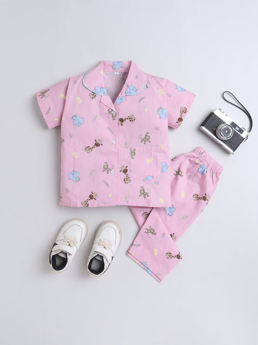 Half Sleeves Animal Cotton Printed Night Suit Set Pink