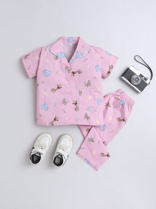Cotton Woven Half Sleeves Animals Printed Coordinating Night Suit Set - Pink