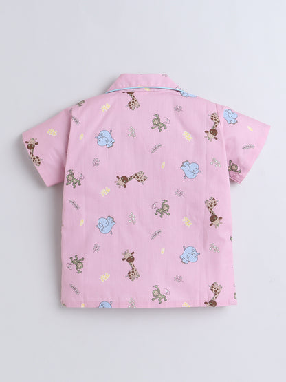 Half Sleeves Animal Cotton Printed Night Suit Set Pink