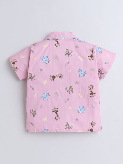 Cotton Woven Half Sleeves Animals Printed Coordinating Night Suit Set - Pink