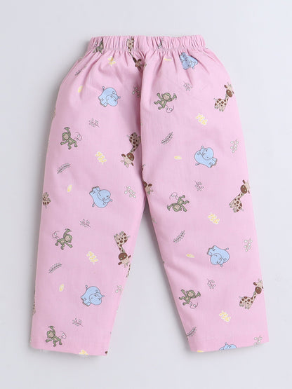 Cotton Woven Half Sleeves Animals Printed Coordinating Night Suit Set - Pink