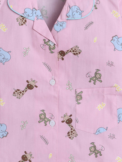 Cotton Woven Half Sleeves Animals Printed Coordinating Night Suit Set - Pink