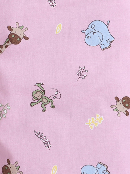 Cotton Woven Half Sleeves Animals Printed Coordinating Night Suit Set - Pink