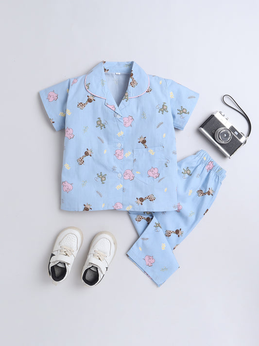 Half Sleeves Animal Cotton Printed Night Suit Set Blue