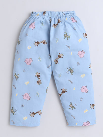 Half Sleeves Animal Cotton Printed Night Suit Set Blue