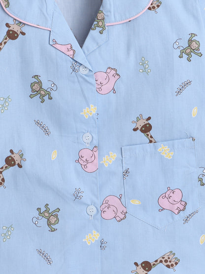 Half Sleeves Animal Cotton Printed Night Suit Set Blue