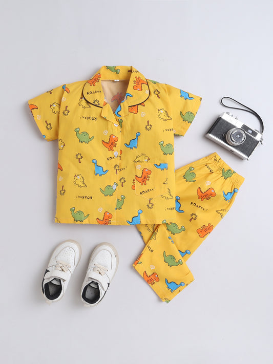 Half Sleeves Cotton Dinasaur Printed Night Suit Set Yellow