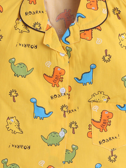 Half Sleeves Cotton Dinasaur Printed Night Suit Set Yellow