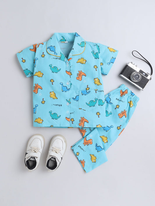 Cotton Woven Half Sleeves Dinosaurs Printed Coordinating Night Suit Set - Blue