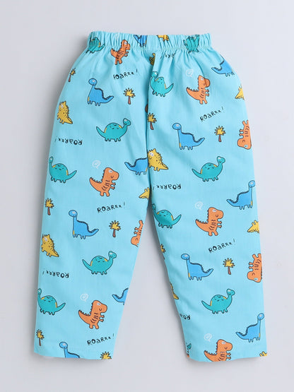 Cotton Woven Half Sleeves Dinosaurs Printed Coordinating Night Suit Set - Blue