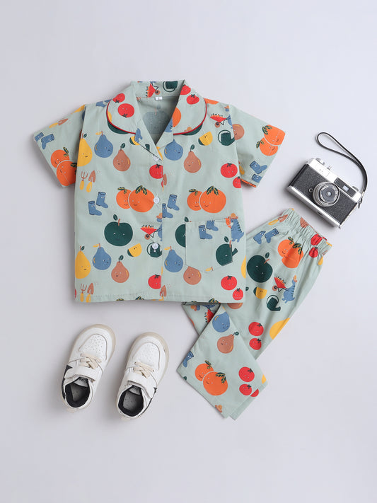 Half Sleeves Cotton Fruit Printed Night Suit Set Green-ns