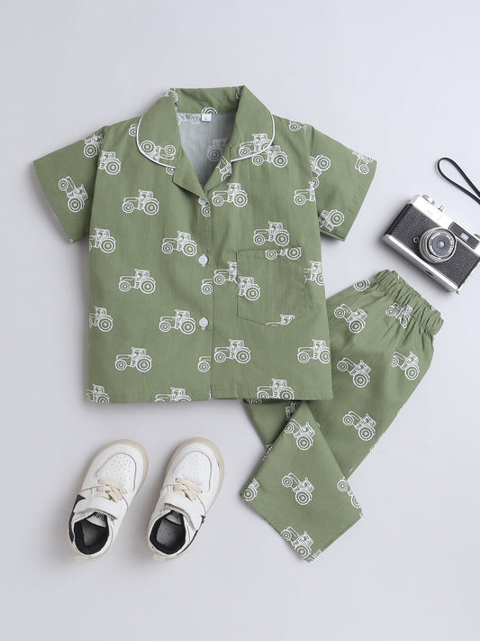 Cotton Woven Half Sleeves Vintage Car Printed Coordinating Night Suit Set - Green