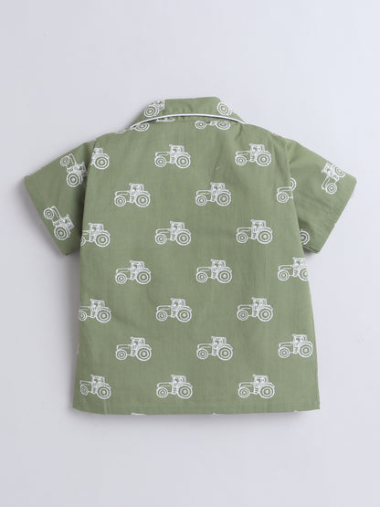 Half Sleeves Cotton Vehicle Printed Night Suit Set Green