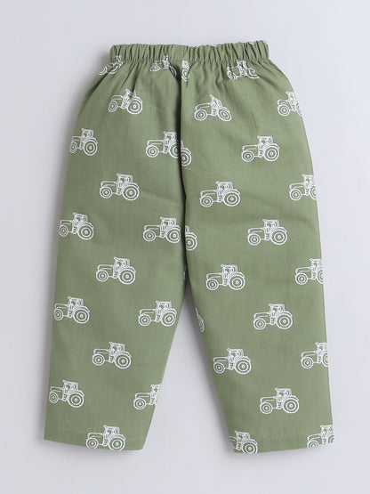Half Sleeves Cotton Vehicle Printed Night Suit Set Green