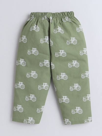 Cotton Woven Half Sleeves Vintage Car Printed Coordinating Night Suit Set - Green