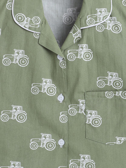 Half Sleeves Cotton Vehicle Printed Night Suit Set Green