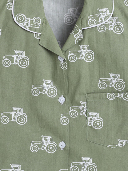 Cotton Woven Half Sleeves Vintage Car Printed Coordinating Night Suit Set - Green