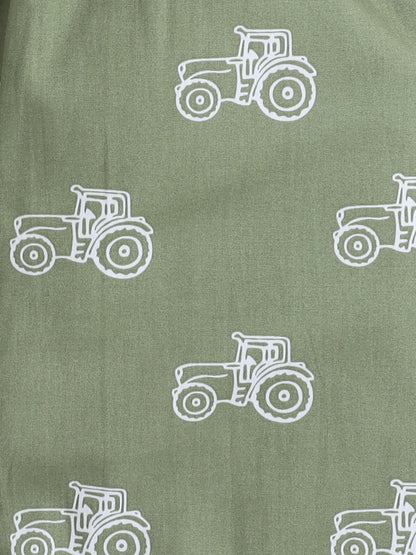 Cotton Woven Half Sleeves Vintage Car Printed Coordinating Night Suit Set - Green