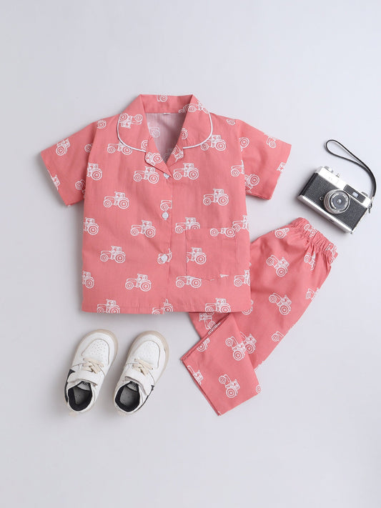 Cotton Woven Half Sleeves Vintage Car Printed Coordinating Night Suit Set - Peach